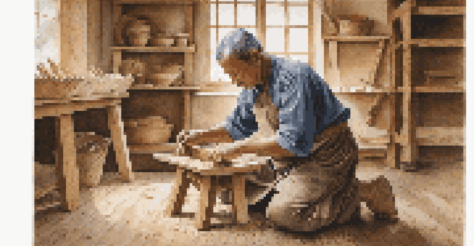 An artisan hand-carving a wooden chair in a bright workshop, surrounded by wood shavings and traditional tools.