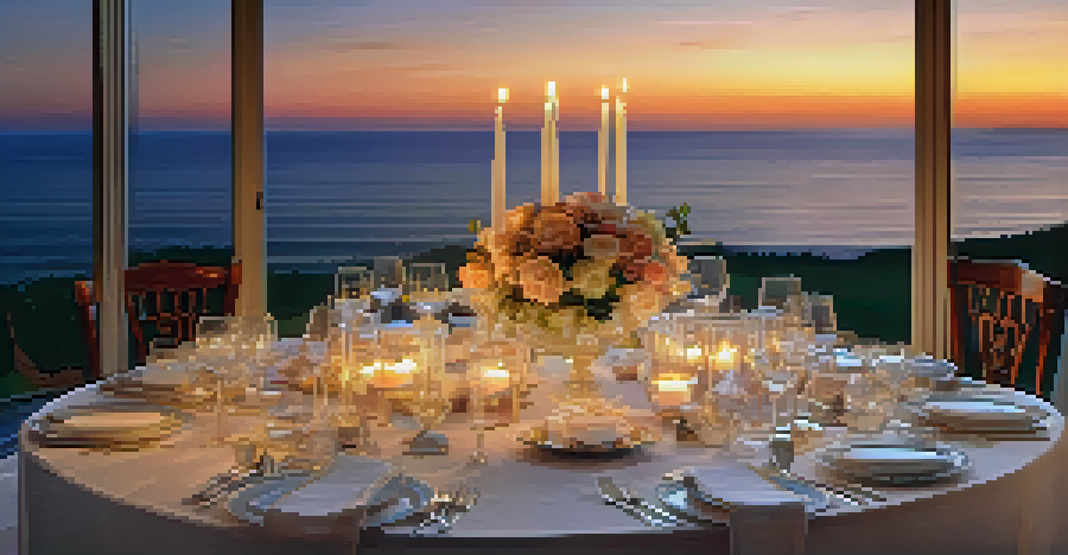 A dining table elegantly set with fine china and a sunset view in the background.