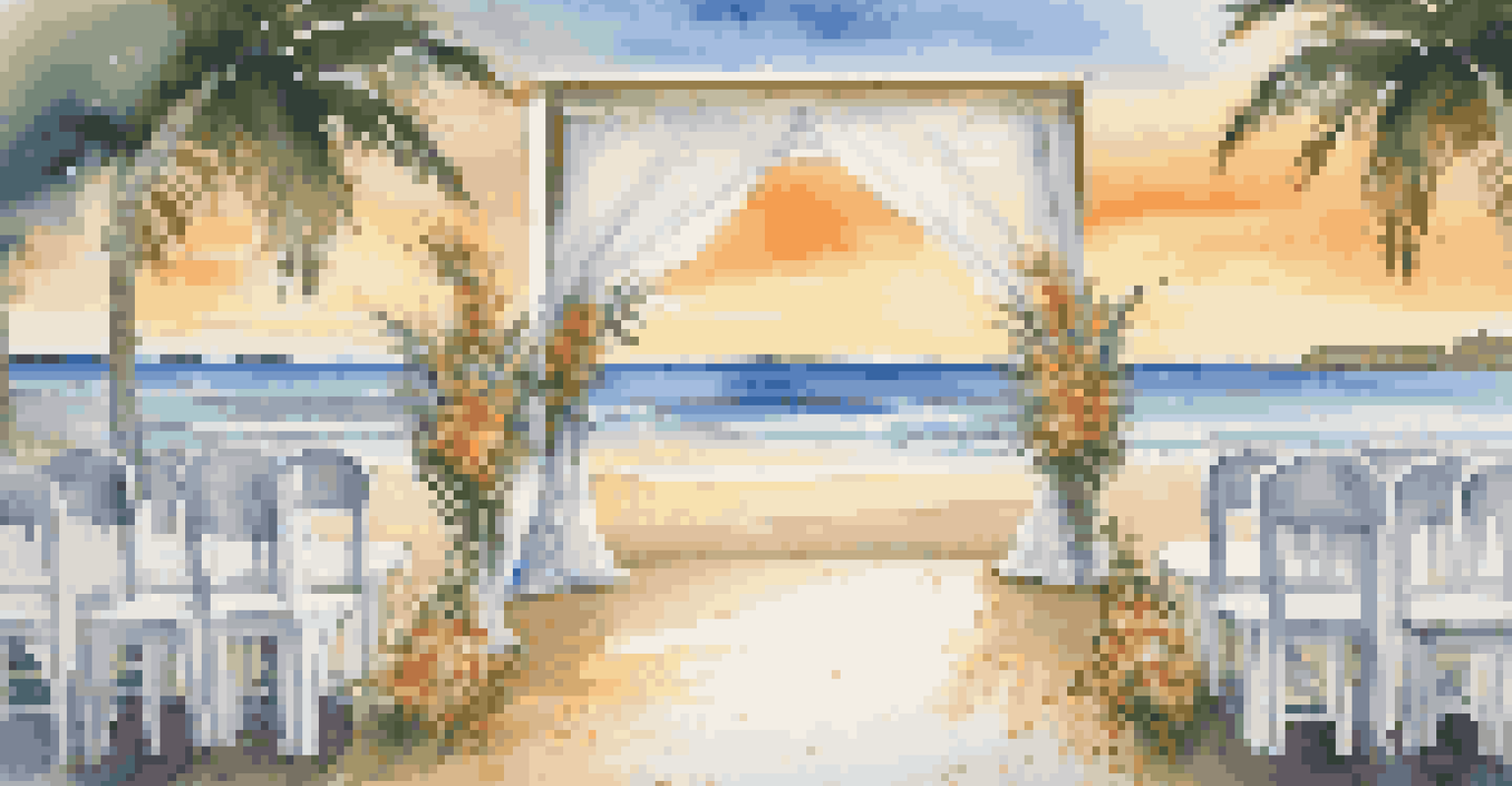 A beachside wedding with a decorated altar, acoustic guitar music, tropical flowers, and gentle waves under a golden sunset.