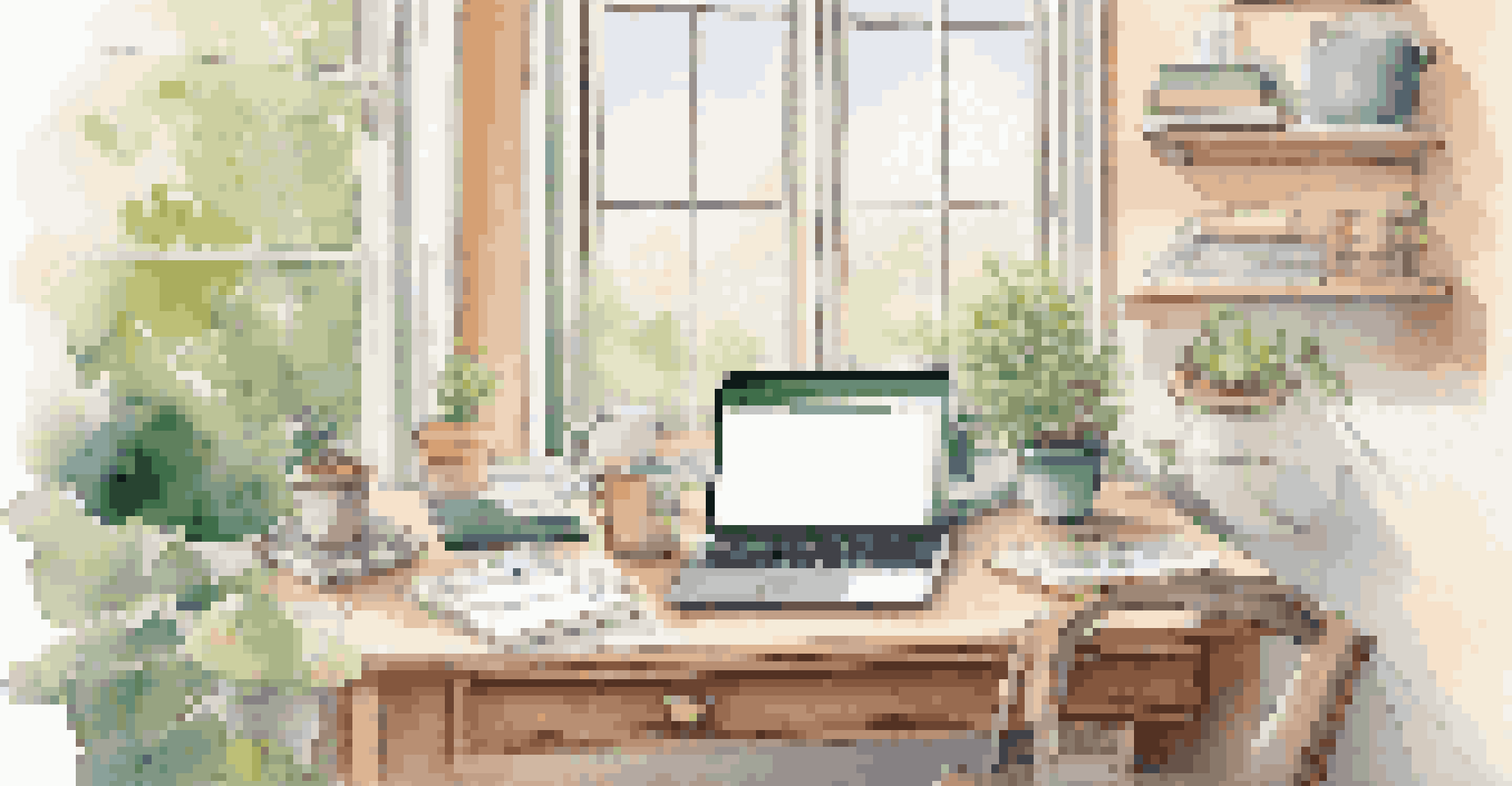 An organized home office desk with a planner, coffee mug, and laptop, featuring a sunny garden view outside the window.