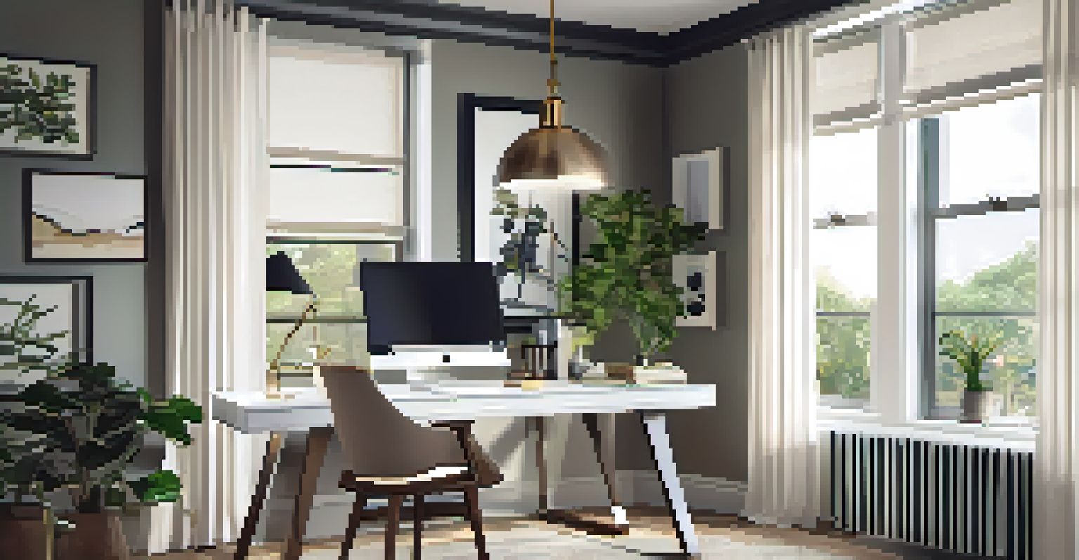 An elegant home office with a modern pendant light, minimalist desk, and decorative plants, featuring soft curtains by the windows.
