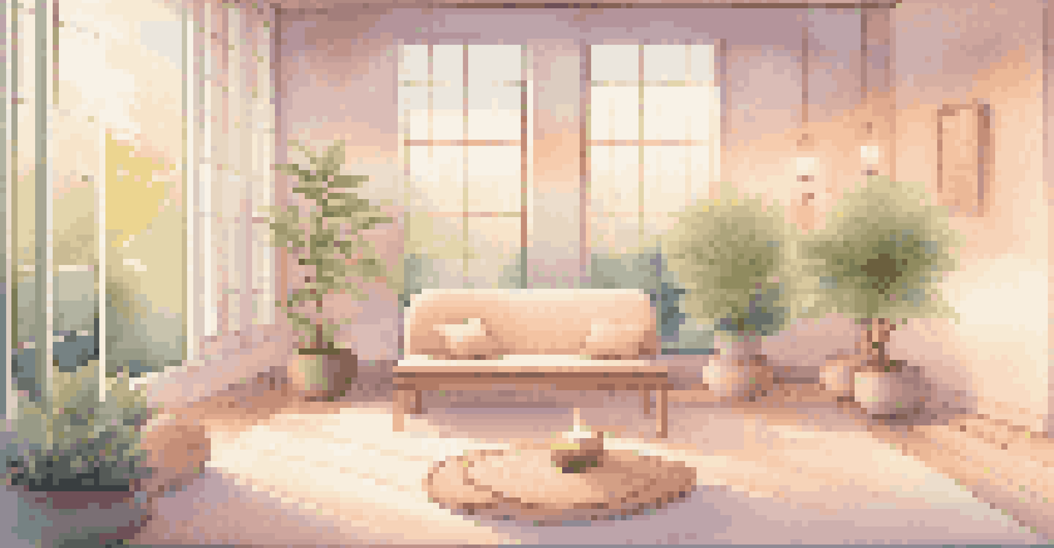 A peaceful meditation room with soft lighting, minimal decor, and a view of a serene garden.