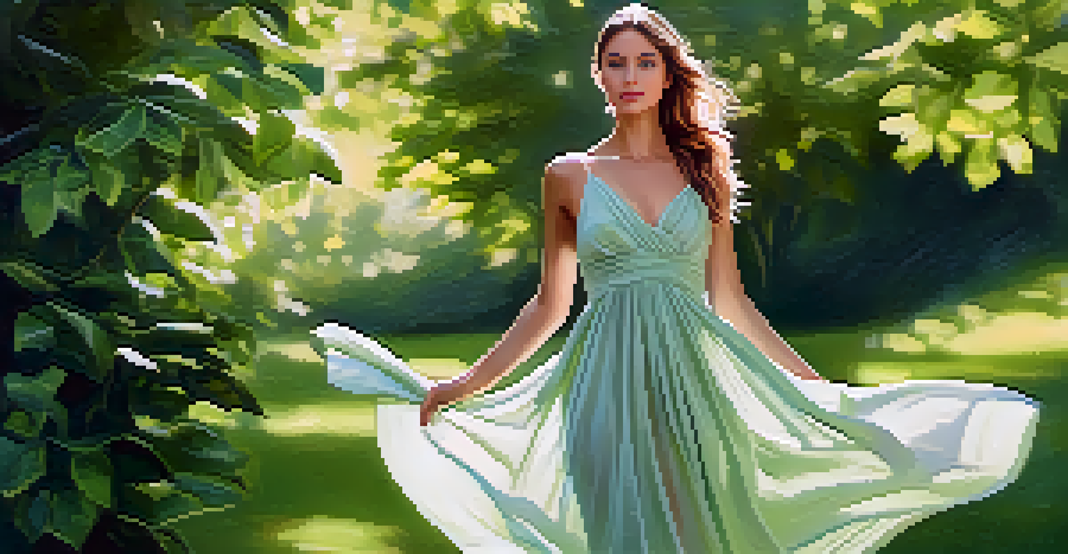 A model in a sustainable fabric dress standing in a lush green park, with sunlight filtering through the leaves.