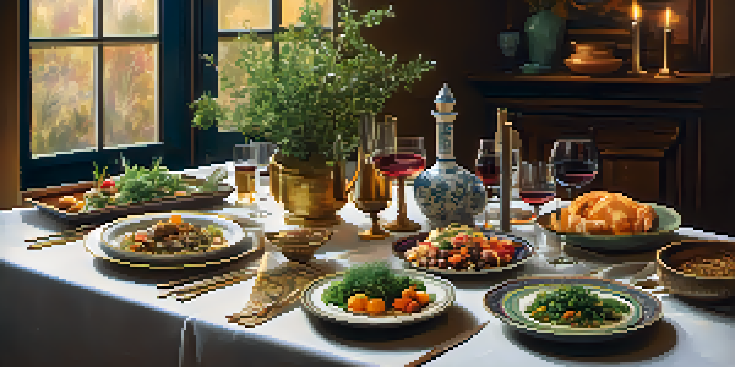 A dining table set with various colorful dishes from different cultures, illuminated by warm lighting, creating an inviting atmosphere.