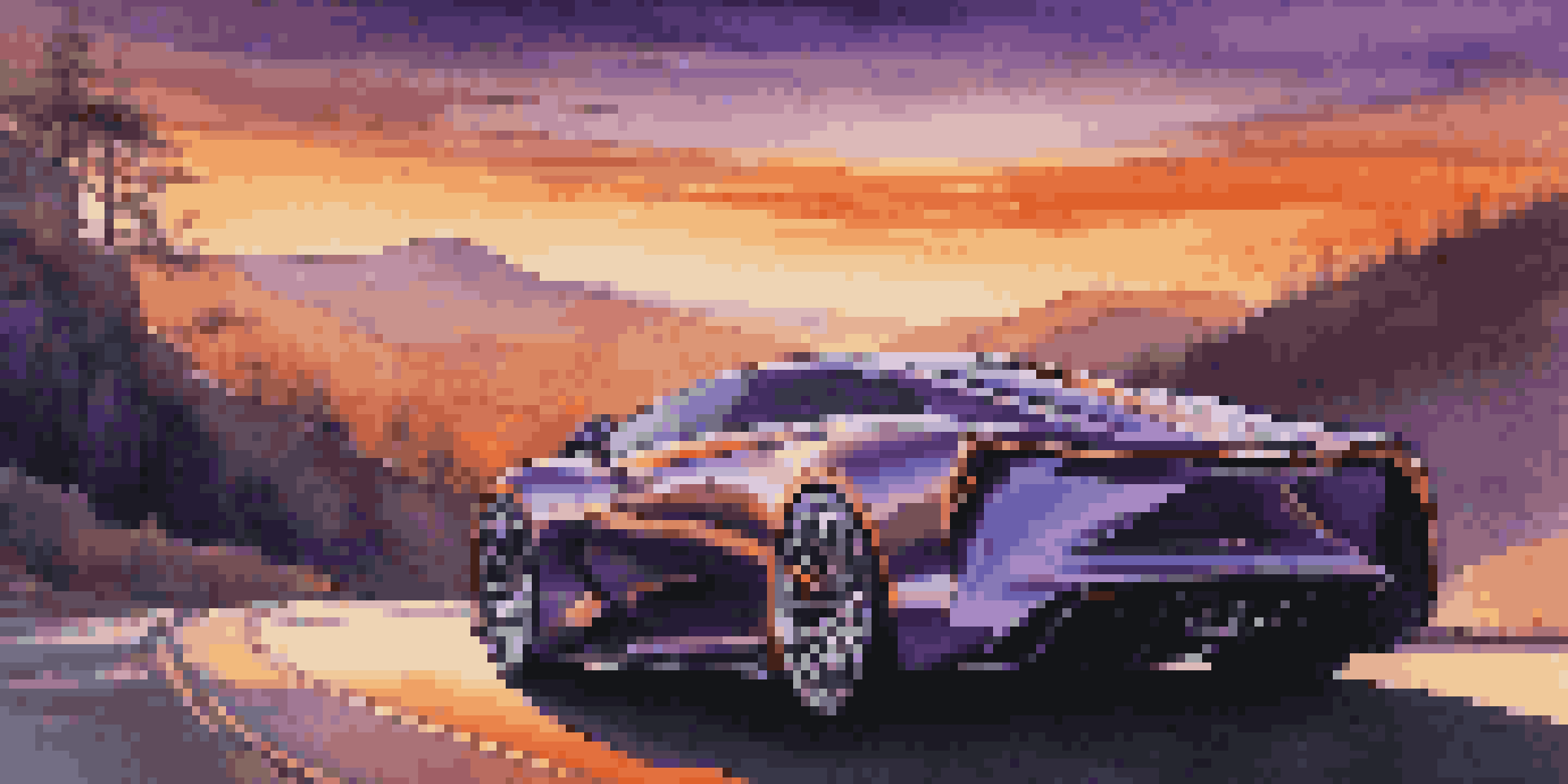 A luxurious performance car parked on a mountain road at sunset, with its engine hood open, showcasing engineering details against a colorful sky.