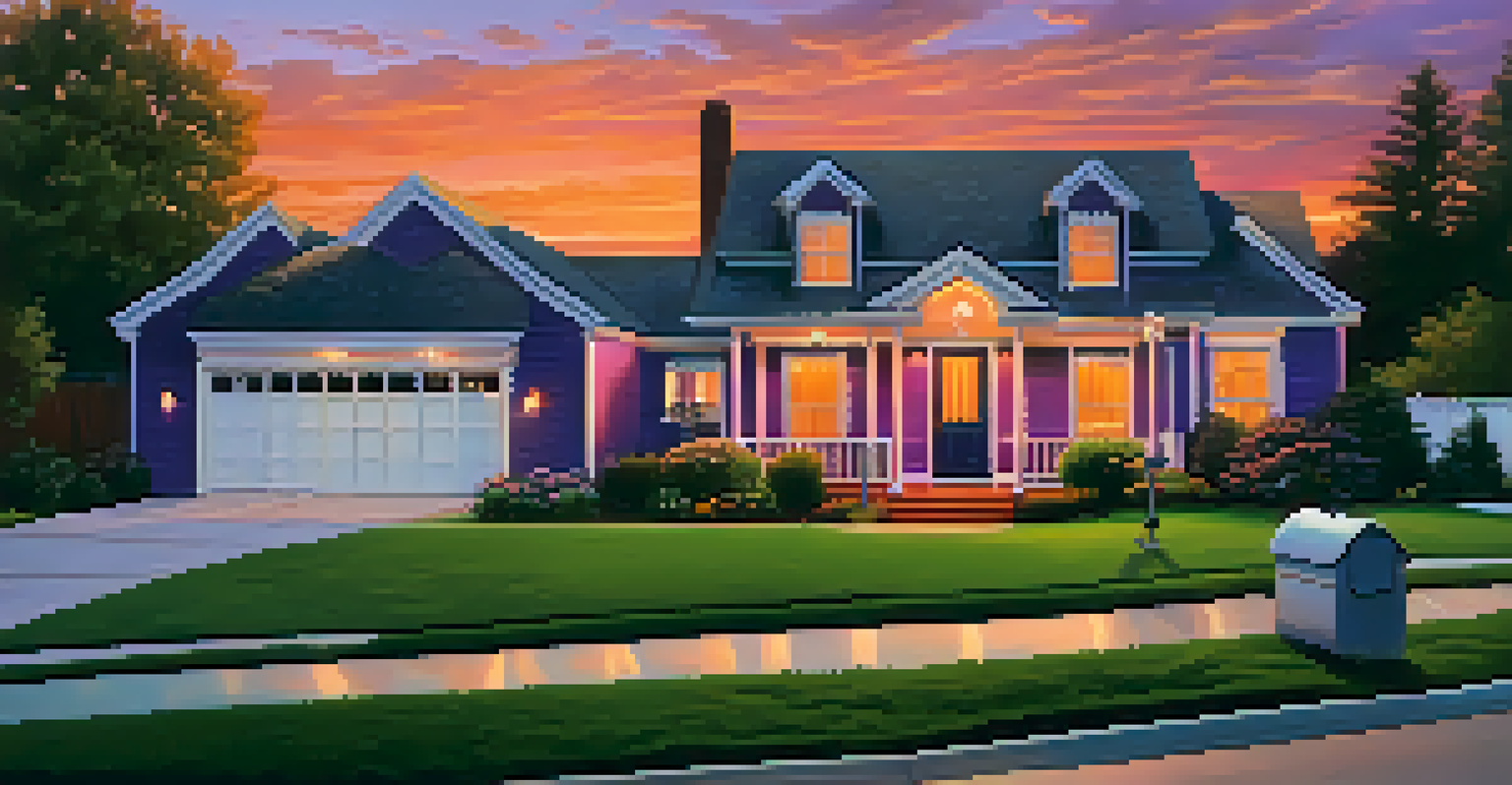 A suburban home at sunset with visible security cameras and a warm, inviting atmosphere.