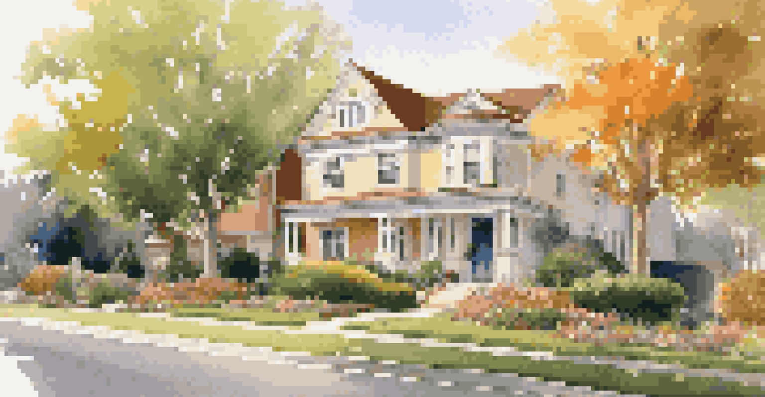 An upscale neighborhood street lined with artistic homes and gardens, illuminated by the warm light of sunset.