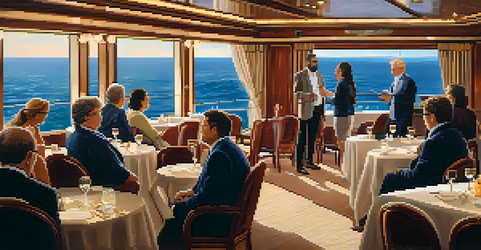 Travelers attending a workshop on a luxury cruise ship, seated comfortably with an ocean view, engaged in discussion under warm lighting.