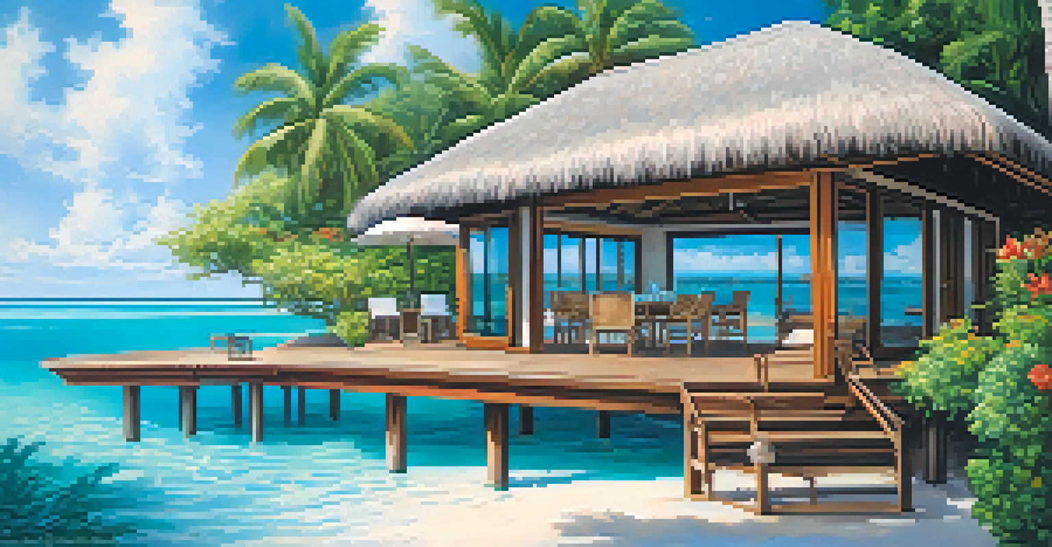 An elegant overwater bungalow in the Maldives with a meeting setup surrounded by turquoise waters.