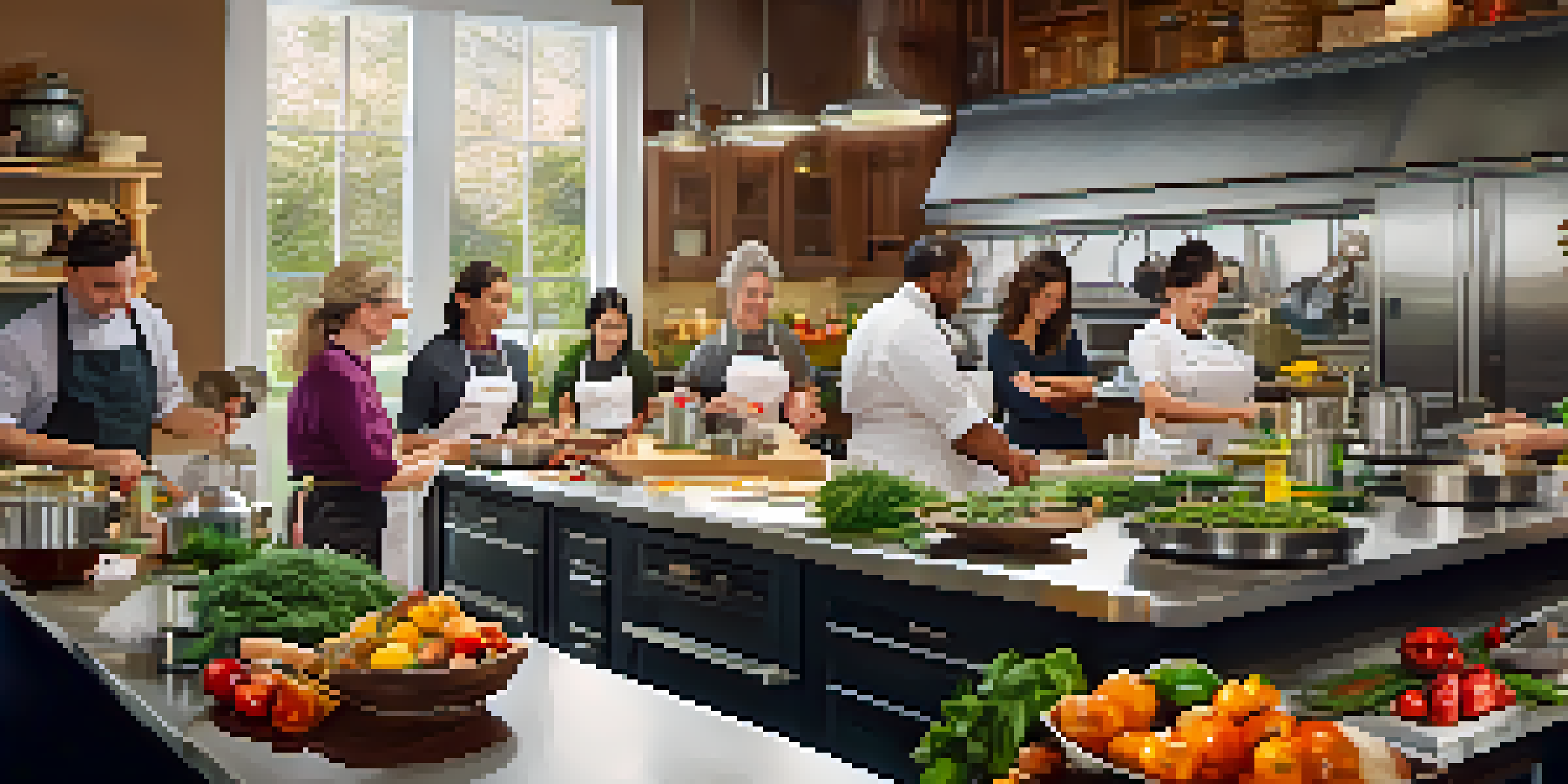 A modern kitchen with a large island where people are participating in a cooking class, surrounded by fresh ingredients and cooking equipment.