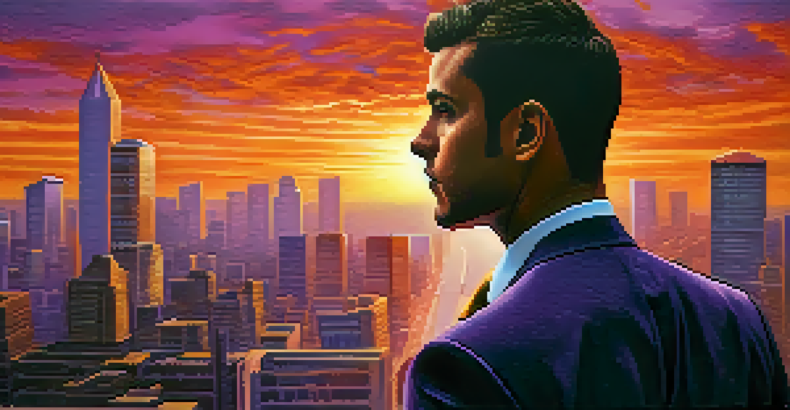 A confident individual in business attire looking at a sunset skyline, symbolizing growth and ambition.