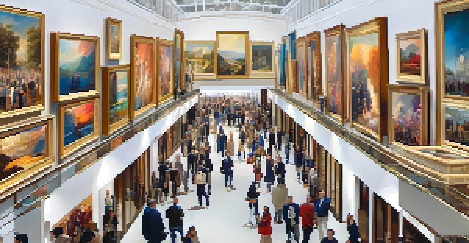 A panoramic view of a busy luxury art fair with a diverse crowd admiring various artworks in a bright and vibrant setting.