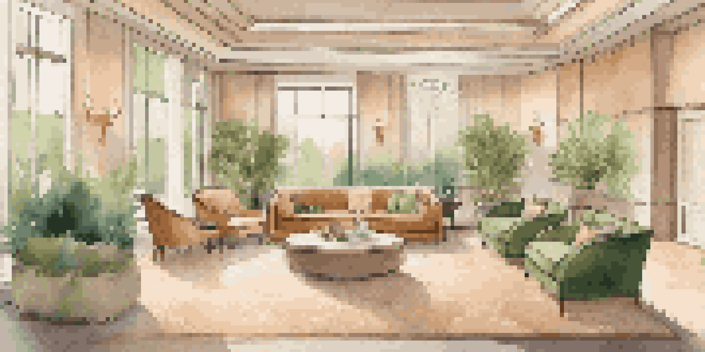 A luxury hotel lobby with a mindfulness workshop, featuring plush sofas and a peaceful garden view.