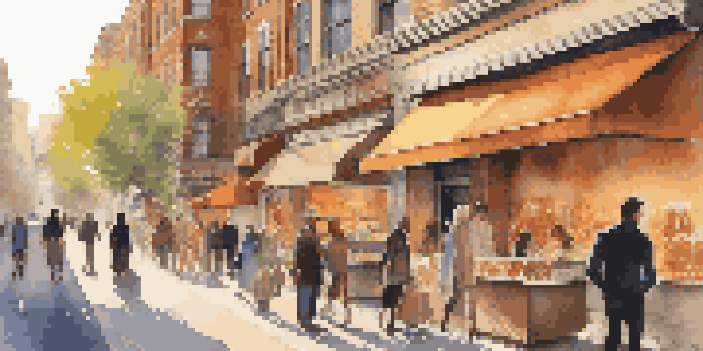 A busy city street at sunset with diverse people shopping and dining, featuring an ethical luxury brand store in the foreground.