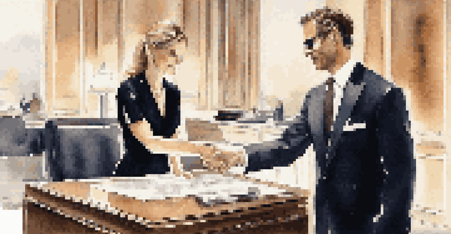 A professional photographer handing a contract to a client in a chic office setting.