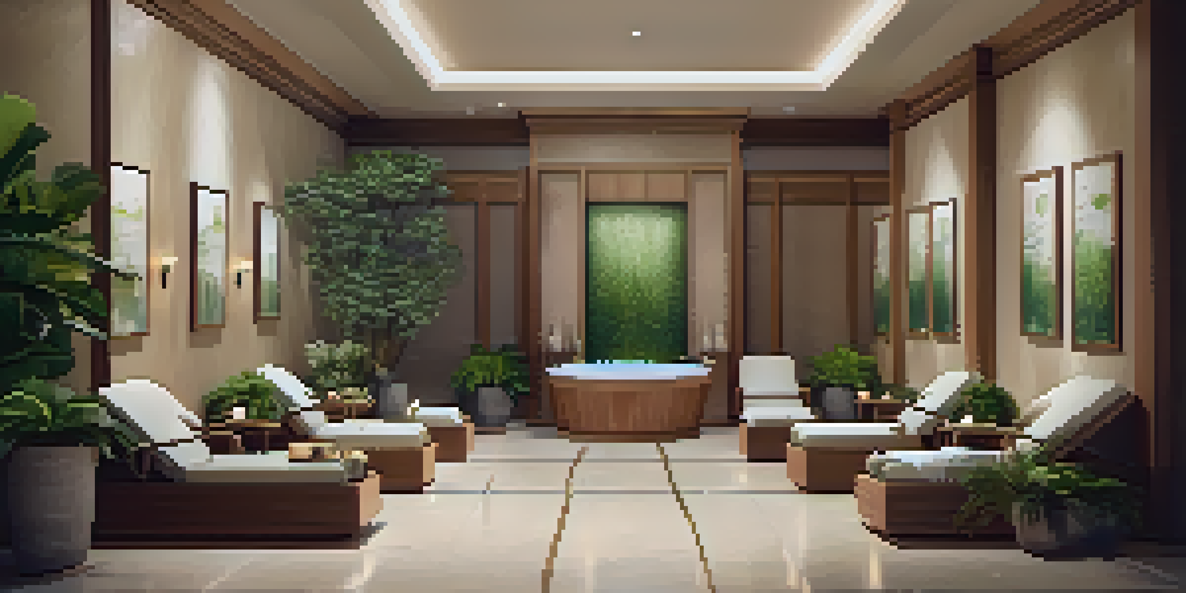 A serene luxury spa interior with smart booking stations, plush seating, and soft lighting, featuring natural materials and potted plants.
