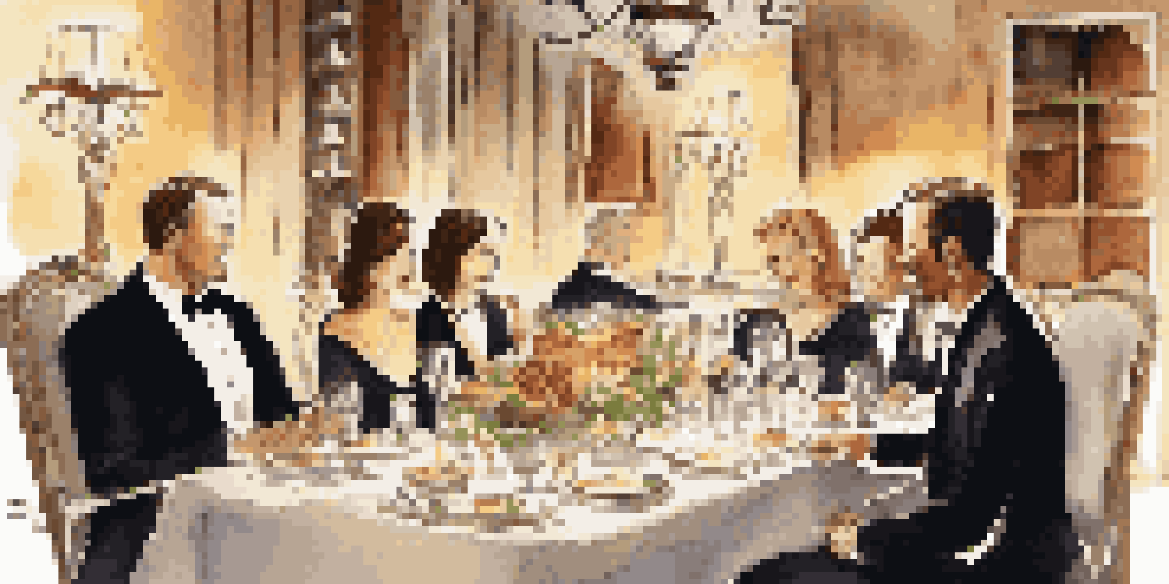 A sophisticated dining table with gourmet food, elegant decor, and guests enjoying a meal without distractions.