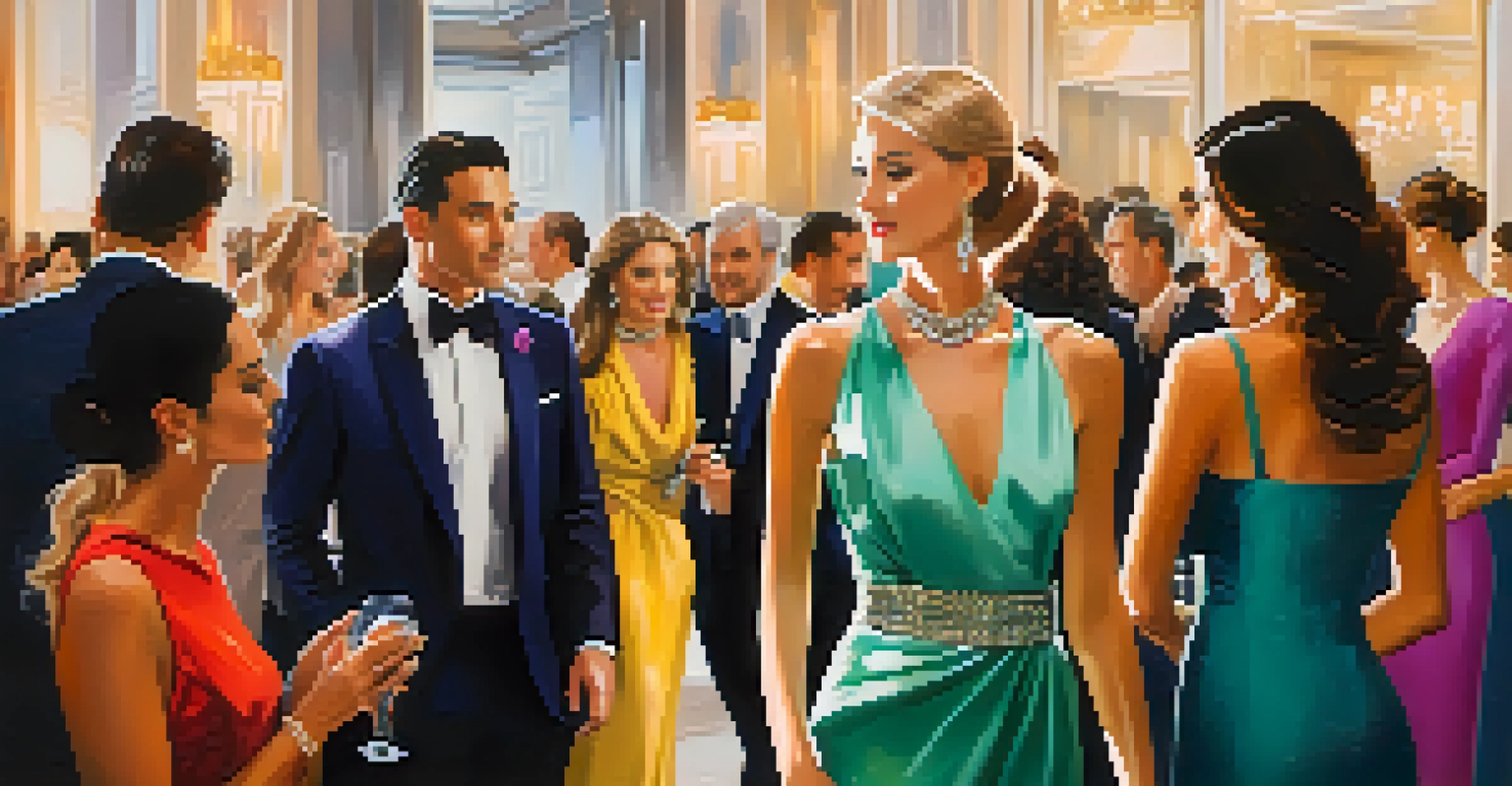 A luxury fashion consultant networking at a high-end fashion event surrounded by stylish guests.