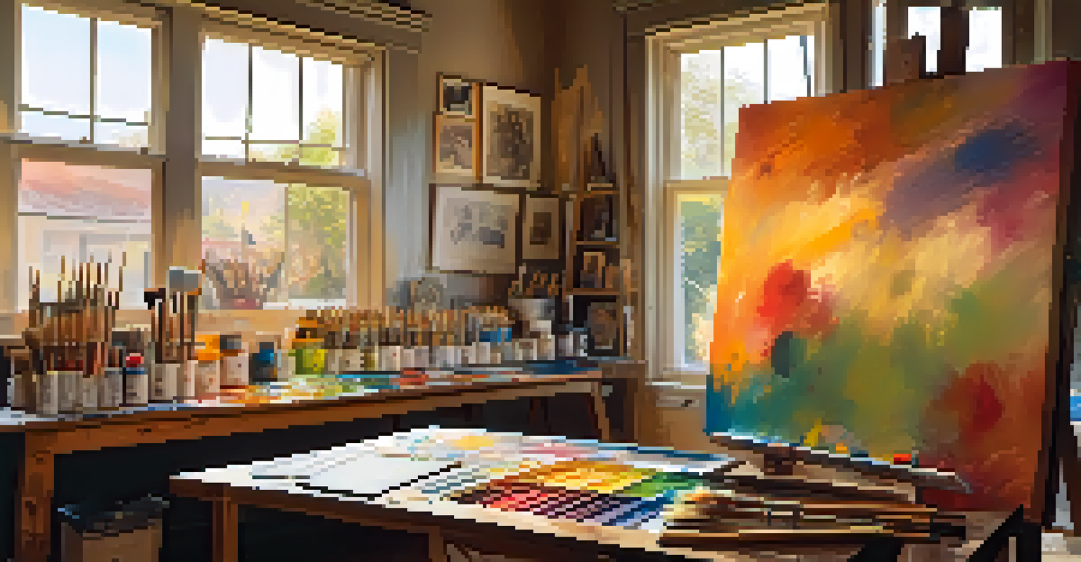 An artist's studio with colorful canvases and art supplies in warm light.