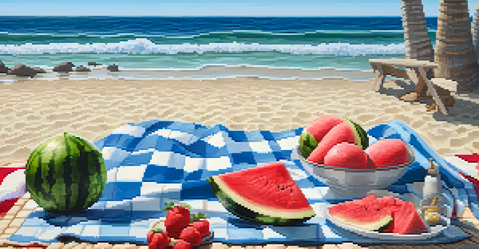 A beach picnic scene with a blanket, watermelon slices, and a coconut-scented candle, with ocean waves in the background.