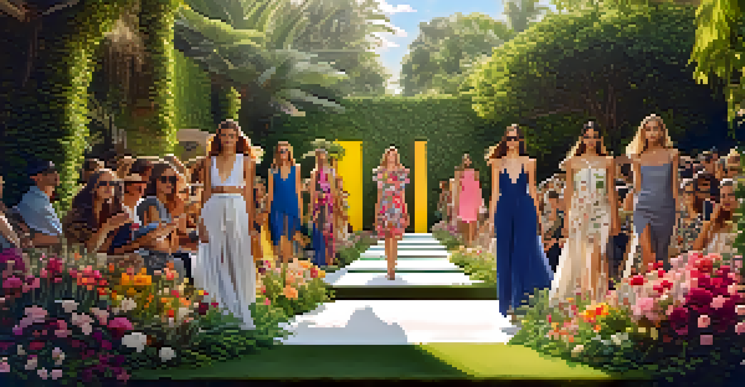 Models on a fashion runway in a garden wearing garments made from recycled materials.