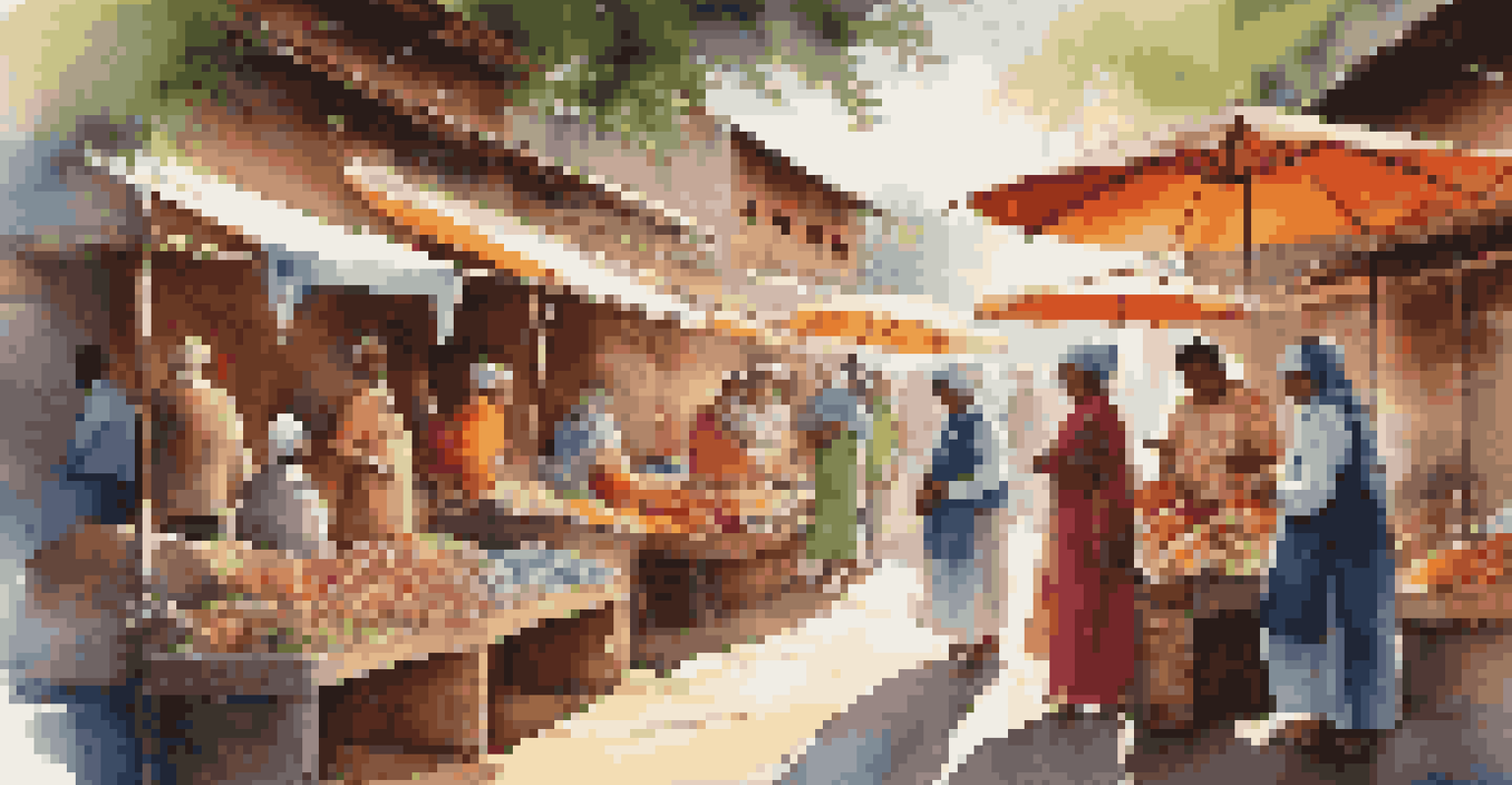 Travelers engaged with local artisans in a colorful market, surrounded by handicrafts and traditional clothing.