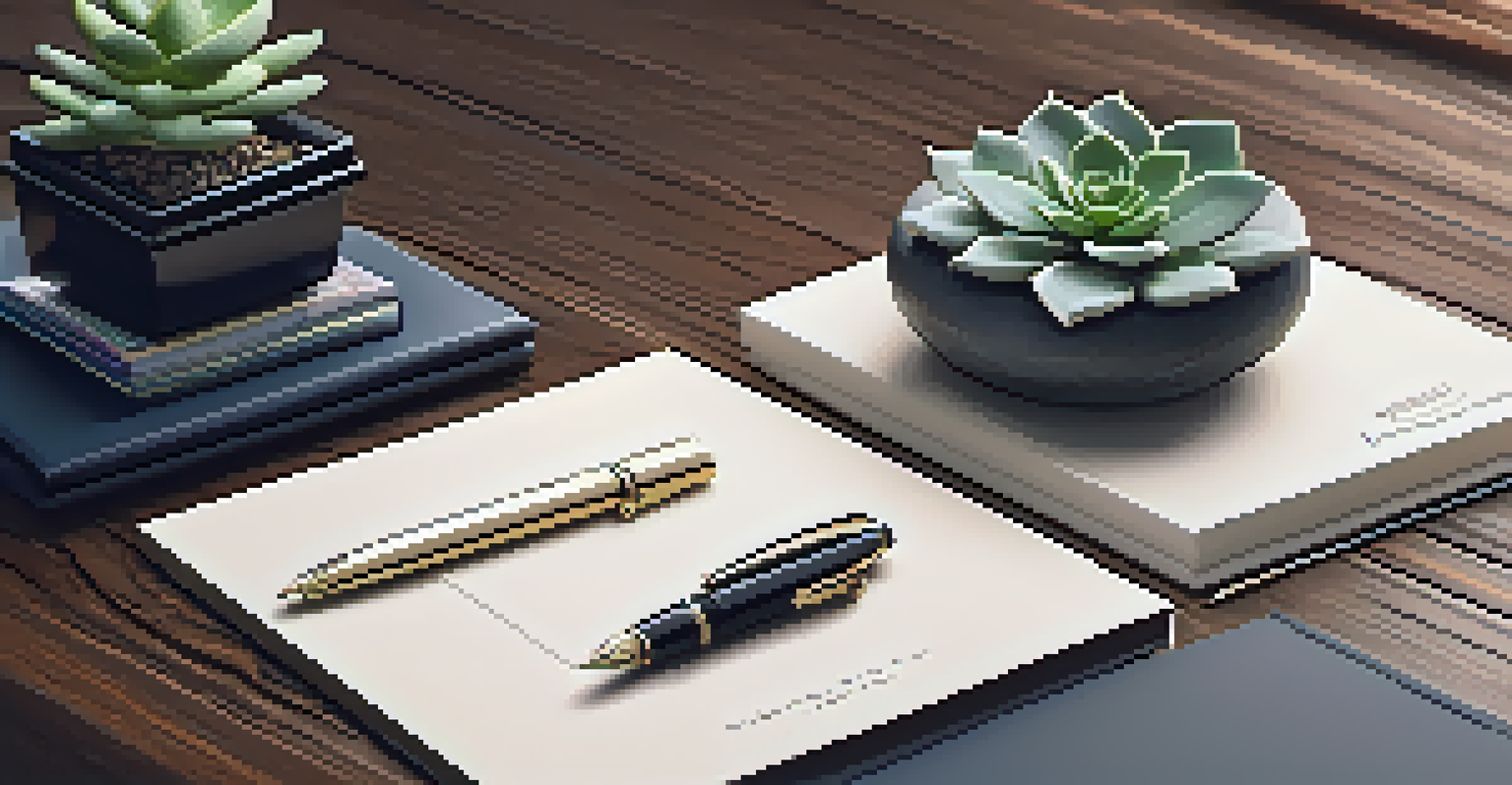 A close-up of luxurious stationery on a wooden desk with a fountain pen and a small succulent plant.