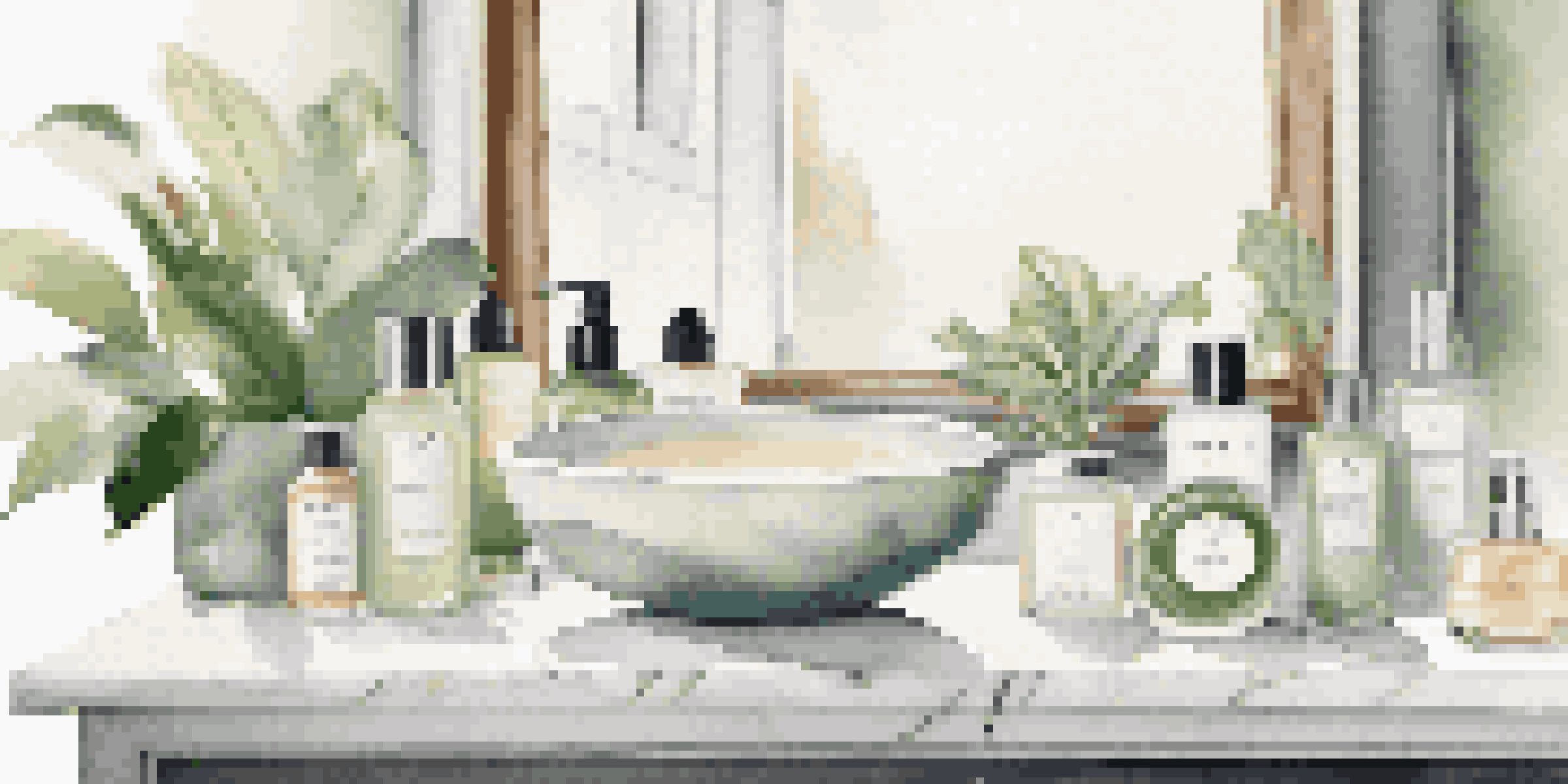 A beautifully arranged skincare display on a marble countertop with luxury products and green plants, illuminated by soft natural light.