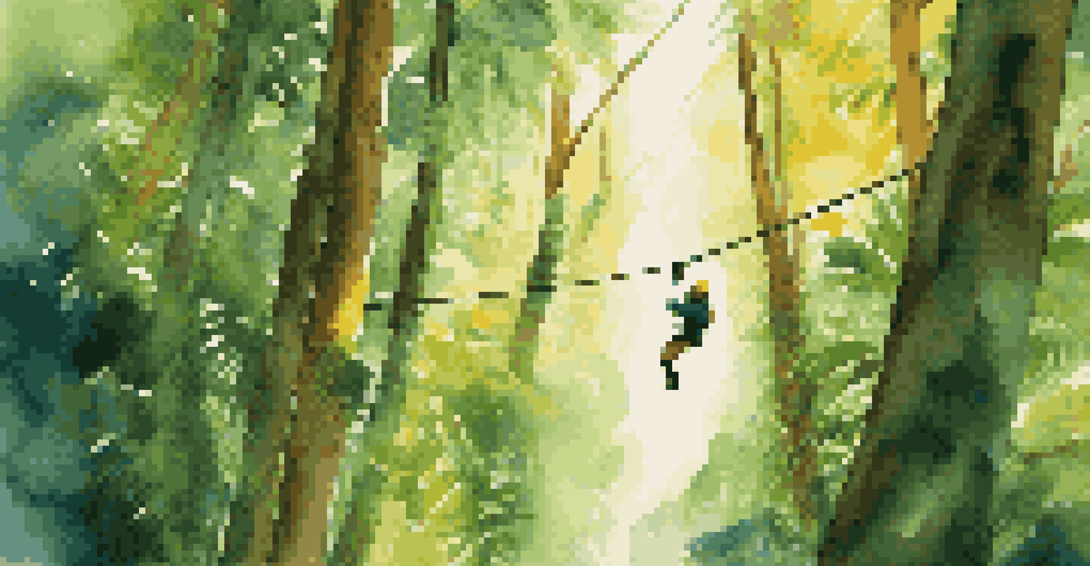A person zip-lining through a lush rainforest, surrounded by tall trees and vibrant foliage, with sunlight shining through the canopy.