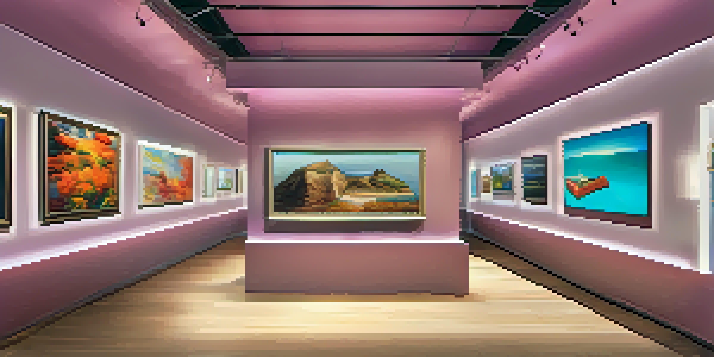 A digital art gallery with colorful screens displaying modern digital paintings and visitors admiring the artwork.