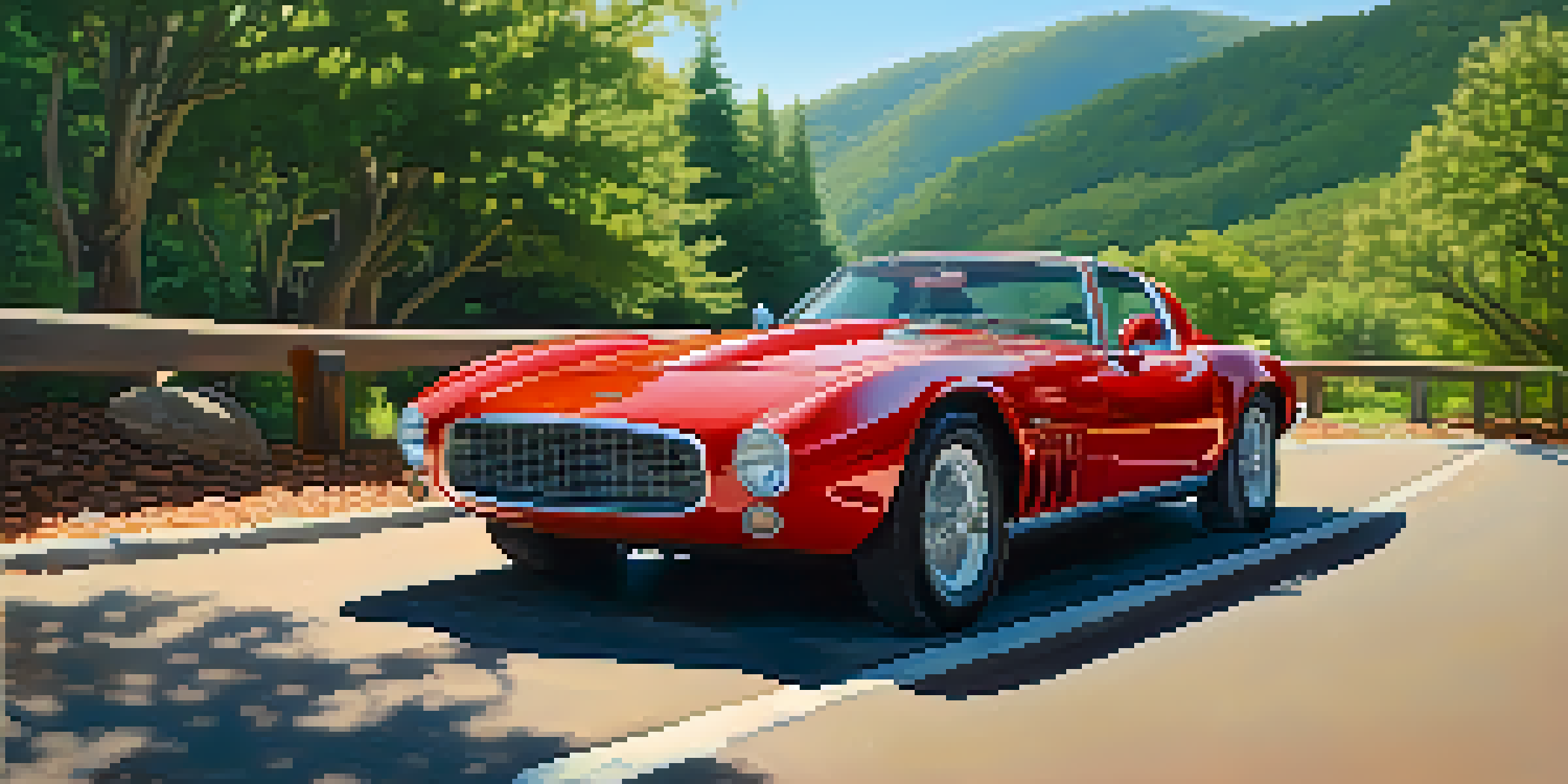 A luxurious red sports car parked on a scenic mountain road, surrounded by greenery and sunlight.