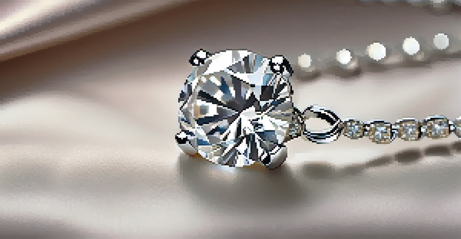 A close-up view of a diamond necklace on satin fabric, with a soft focus background emphasizing the diamonds.