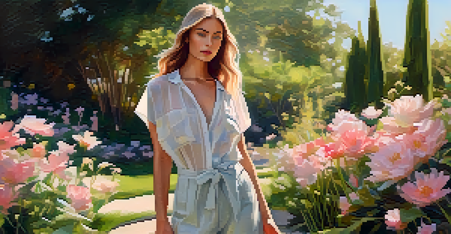 A model in a stylish eco-friendly outfit standing in a sunlit garden surrounded by flowers, embodying sustainability and fashion.
