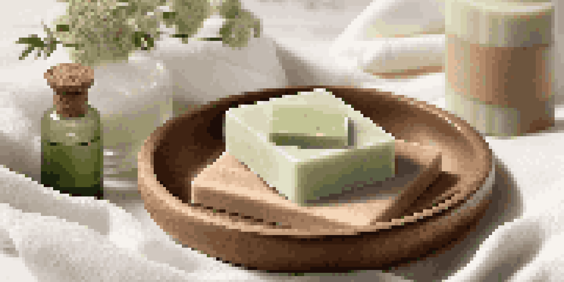 A luxurious soap bar made from natural ingredients, surrounded by oils and towels, in a serene spa-like setting.