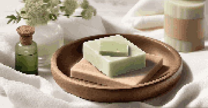 A luxurious soap bar made from natural ingredients, surrounded by oils and towels, in a serene spa-like setting.
