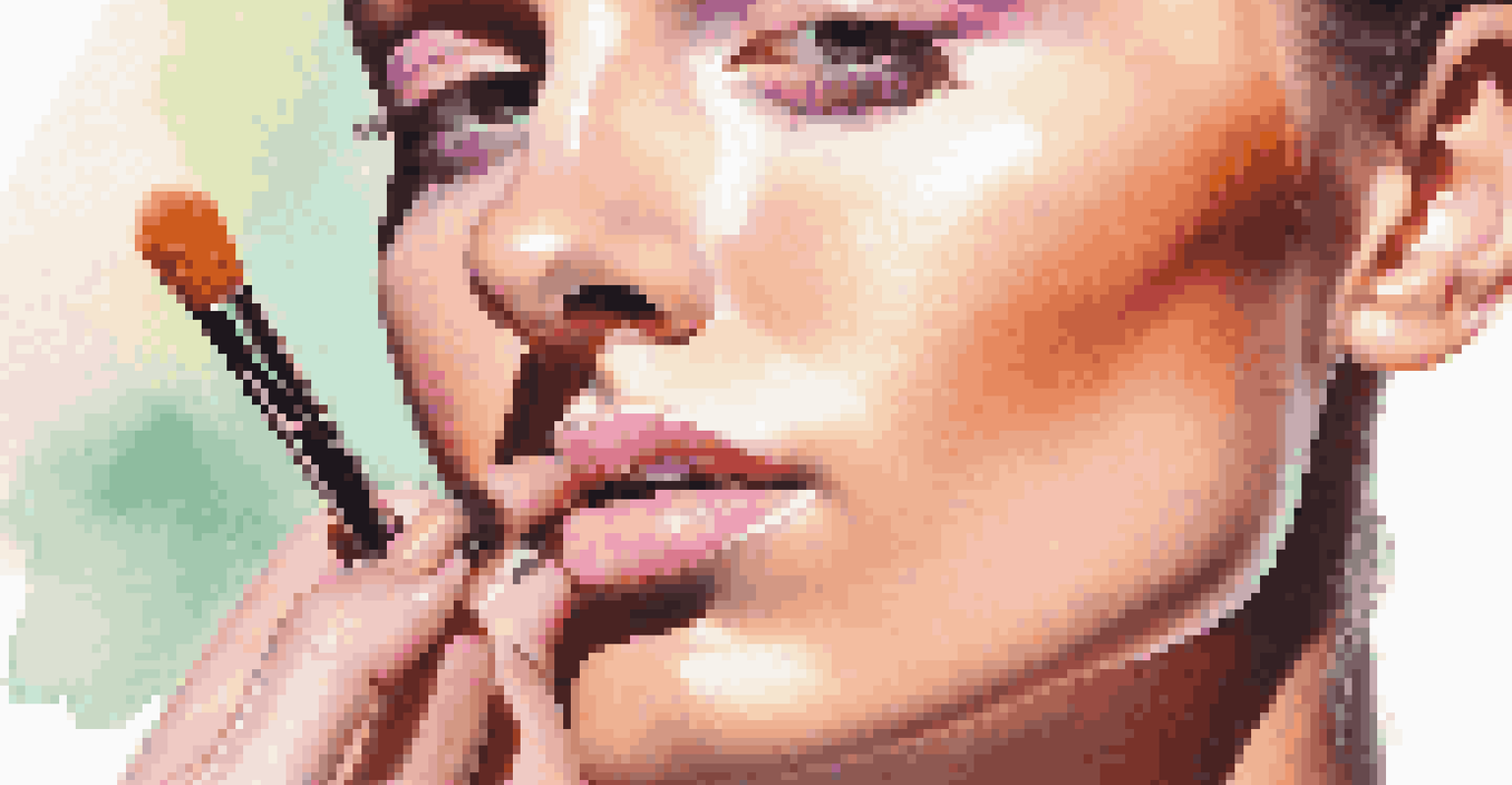 A close-up of a hand applying a glowing highlighter on a cheekbone, showcasing luminous skin with a blurred pastel background.