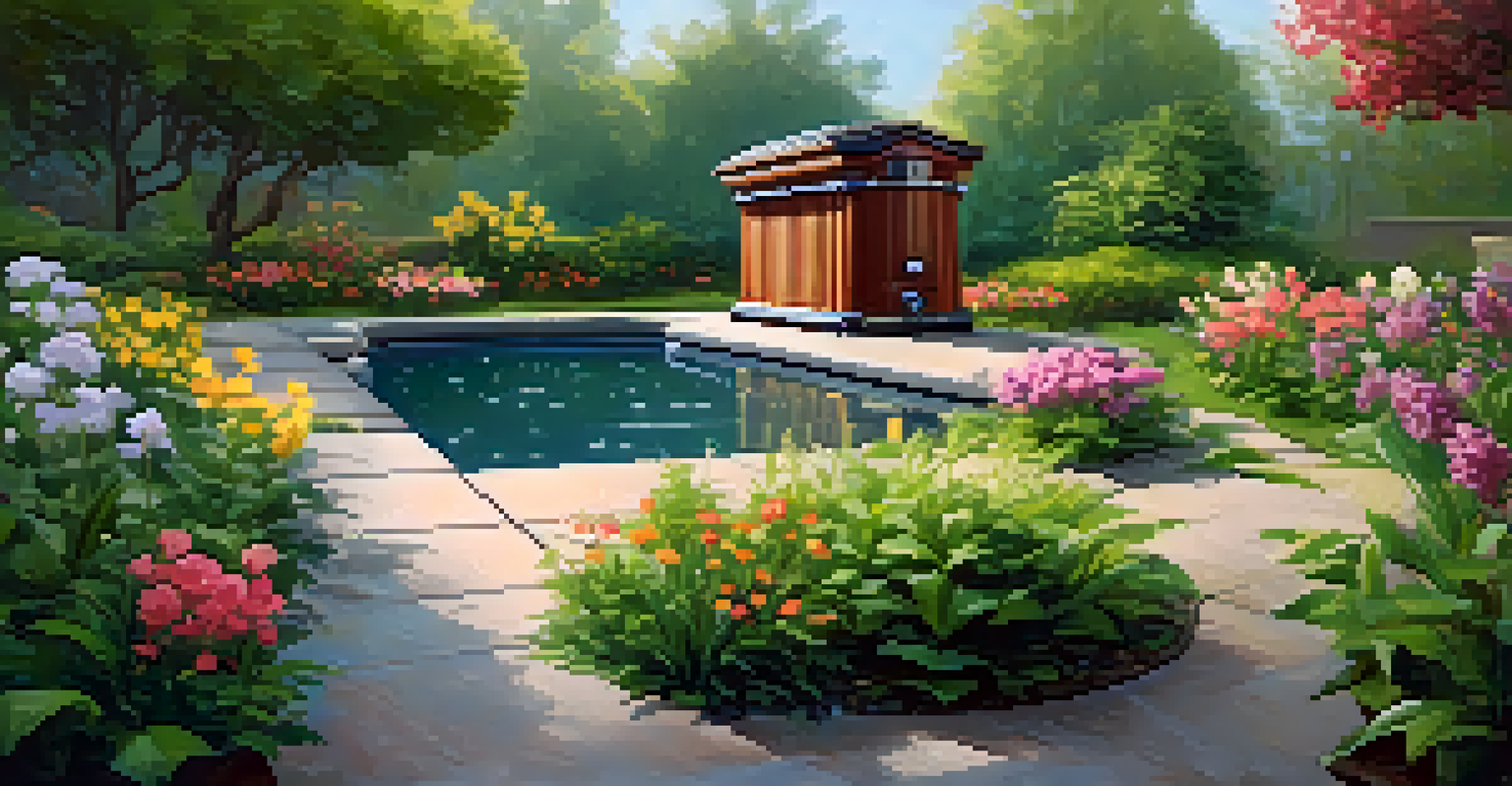 A stylish rainwater harvesting system in a lush garden with vibrant flowers and sunlight reflecting off the water.