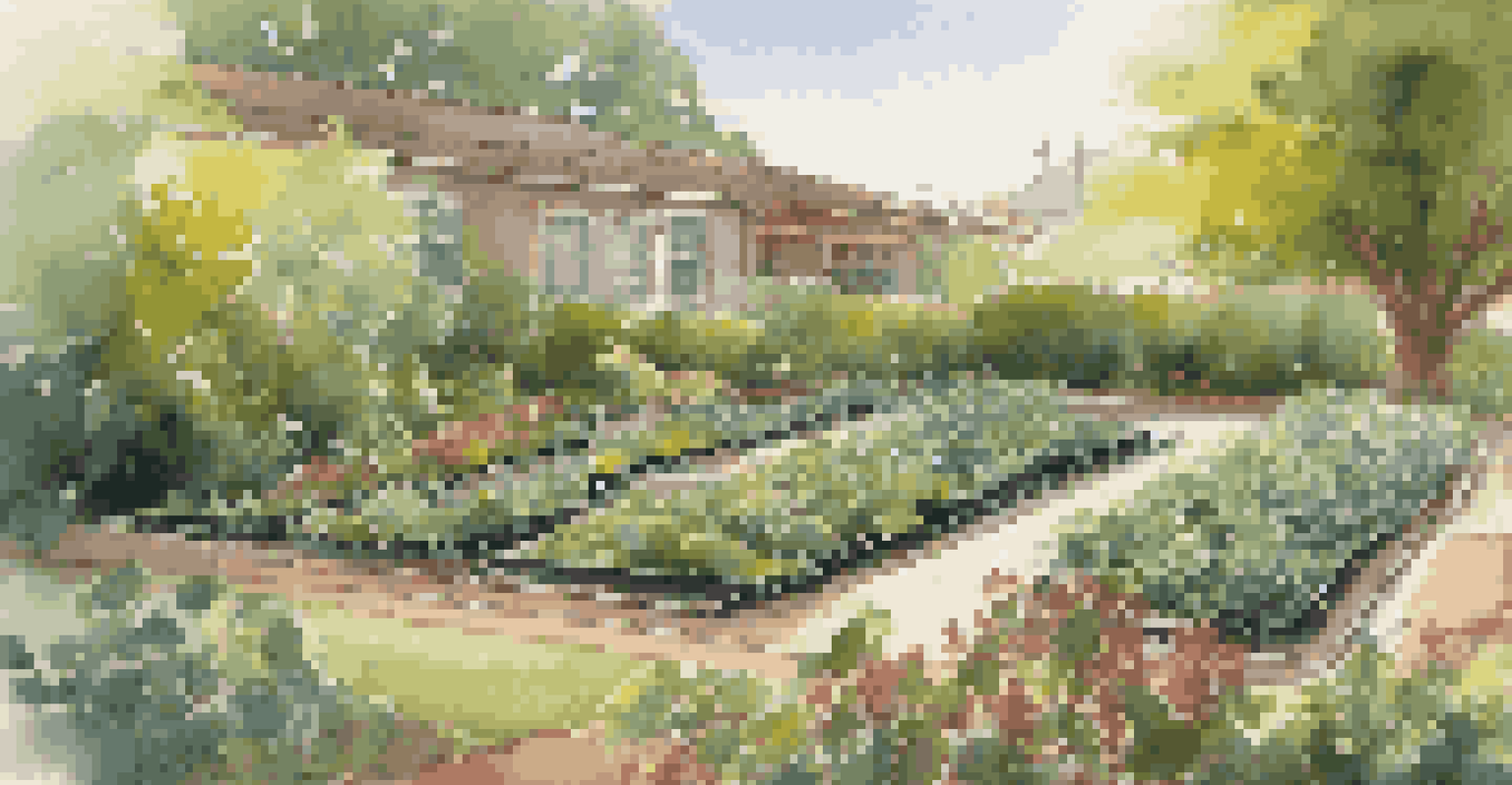 A close-up of an automated irrigation system in a garden, with drip lines watering plants, and a smartphone app nearby.