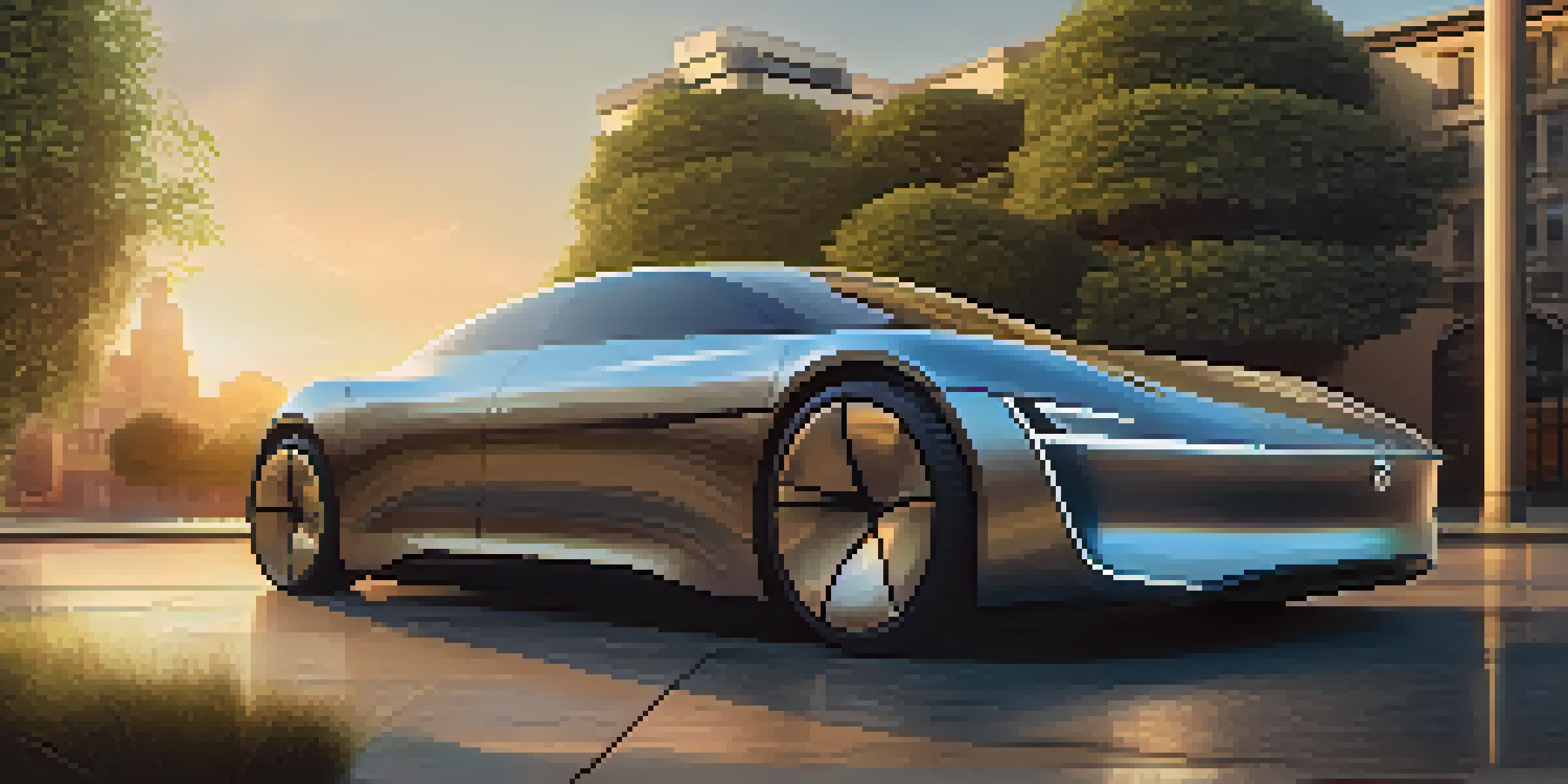 A luxury electric car parked in a city surrounded by green plants, with the sunset illuminating the scene.