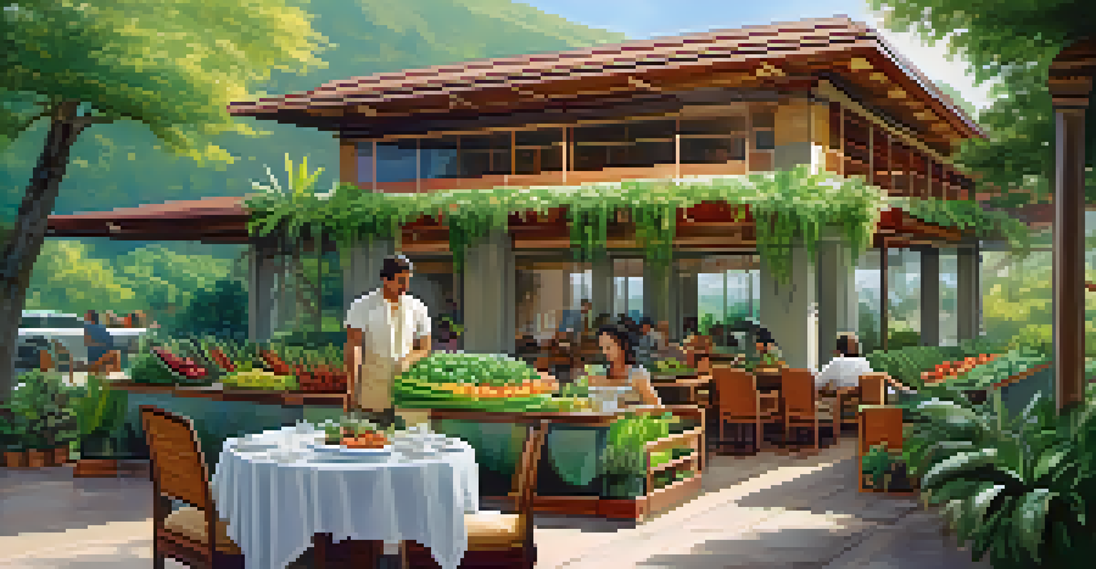 An eco-friendly hotel surrounded by greenery, with a traveler dining outdoors on locally sourced food.