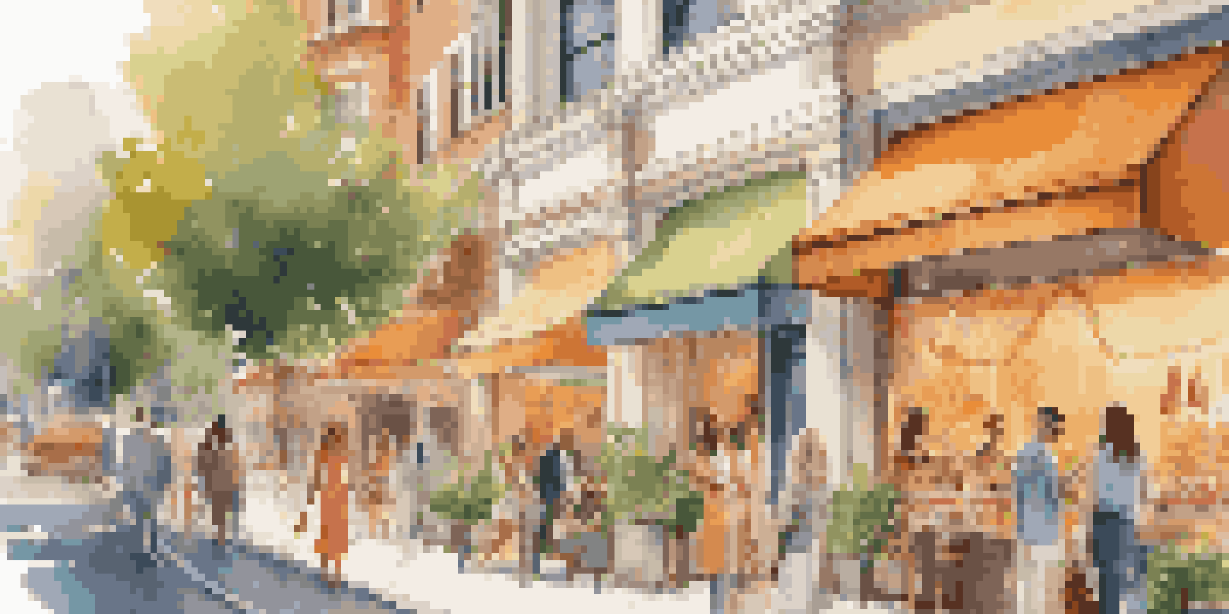 A lively street scene with a luxury fashion pop-up shop, showing diverse shoppers and colorful banners.