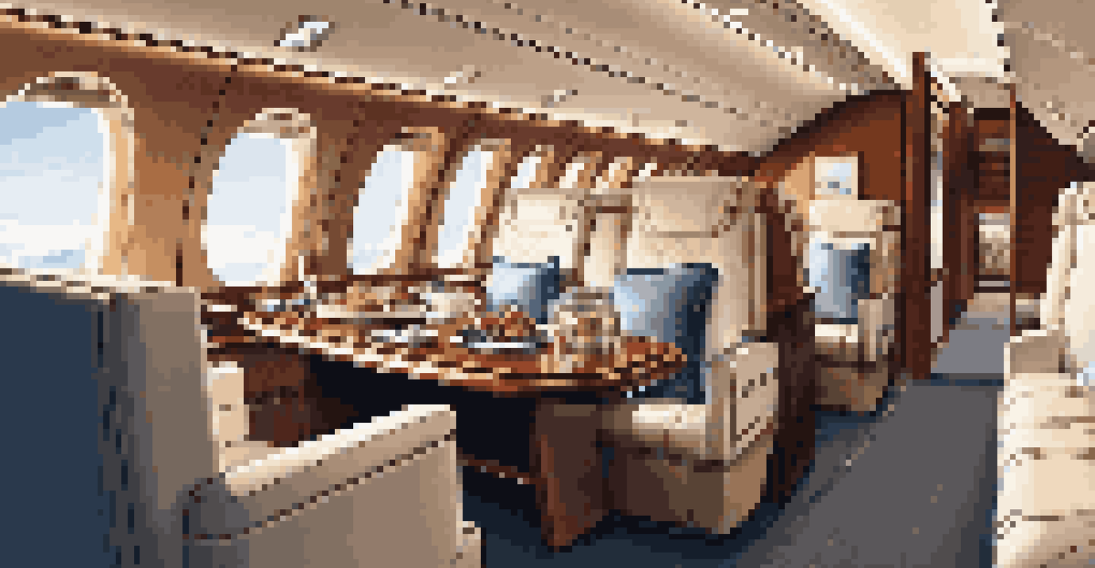 The luxurious interior of a private jet, with leather seats and gourmet meals on a polished table.