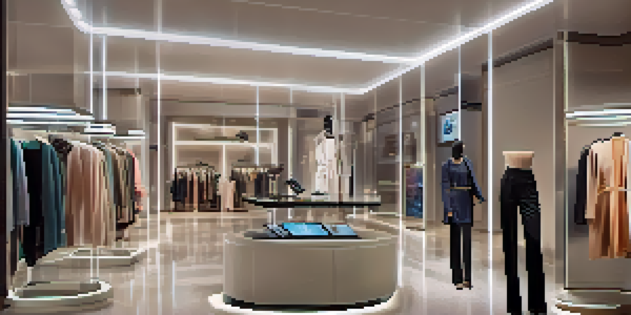 A luxurious fashion boutique displaying high-tech garments and smart fabrics, with a model trying on a smart jacket.