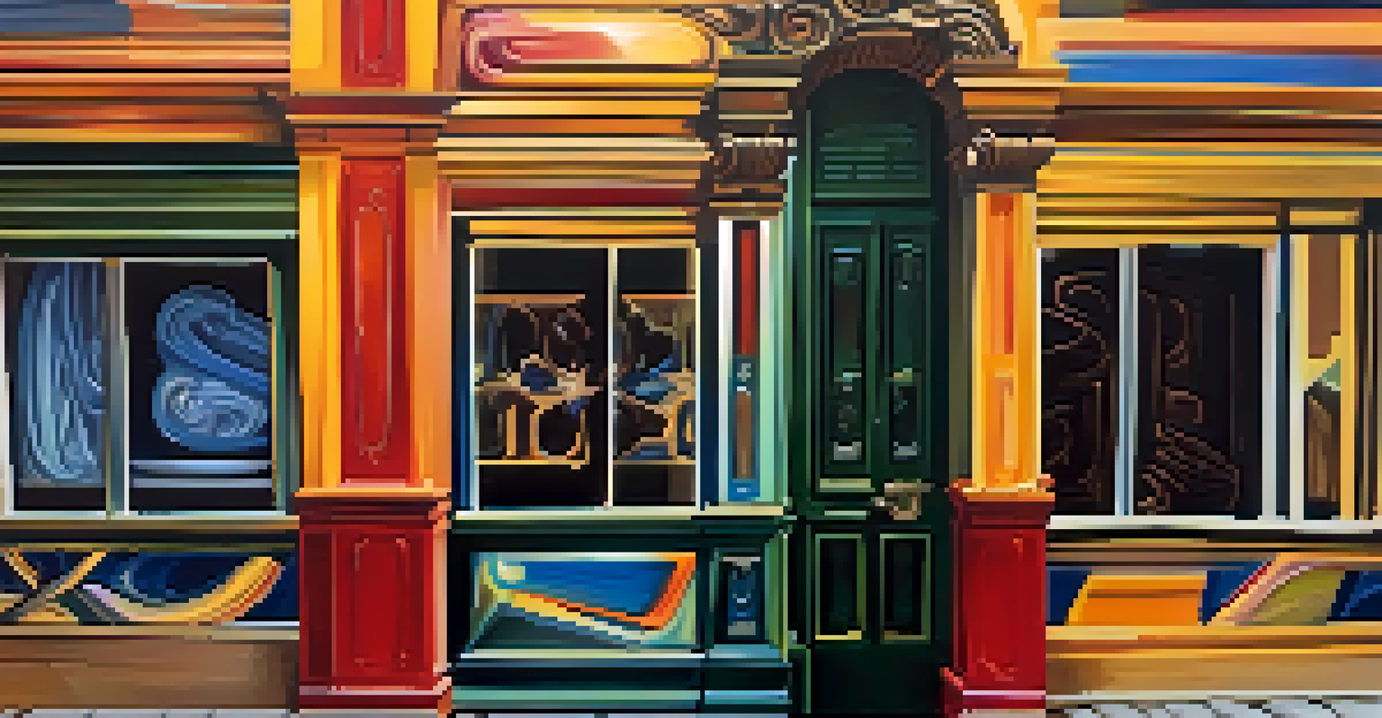 A close-up view of a colorful painting, emphasizing its texture and intricate brushwork.