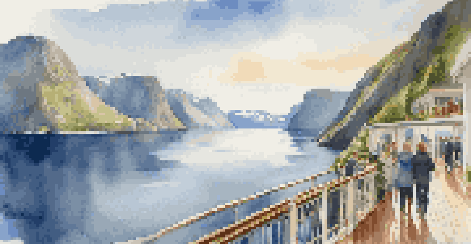 A breathtaking view from a luxury cruise ship in Norway, showing fjords, waterfalls, and guests enjoying the scenery.
