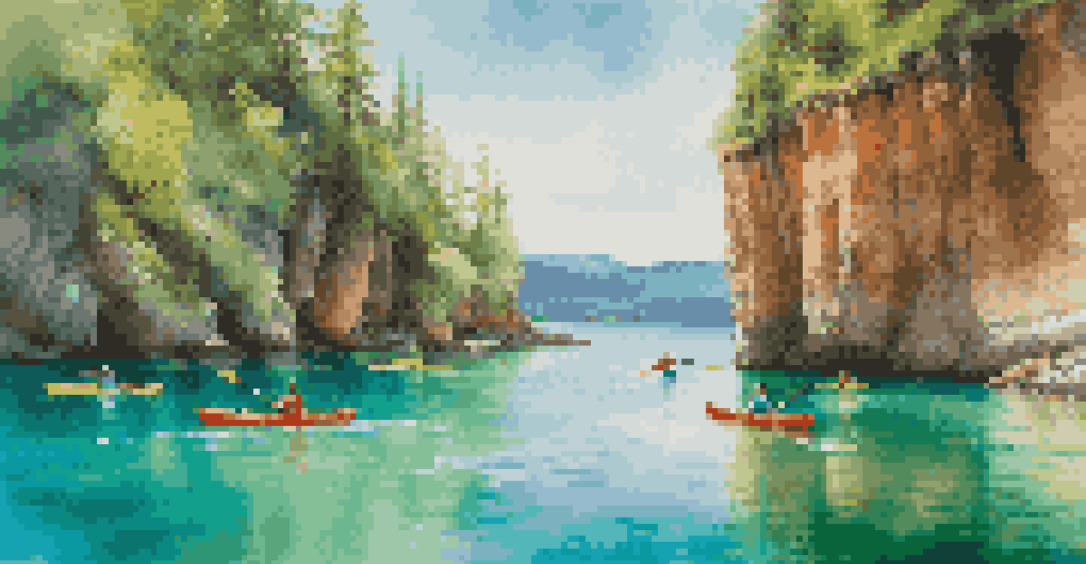 A group of people kayaking in clear turquoise waters near green cliffs under a sunny sky, expressing joy and adventure.