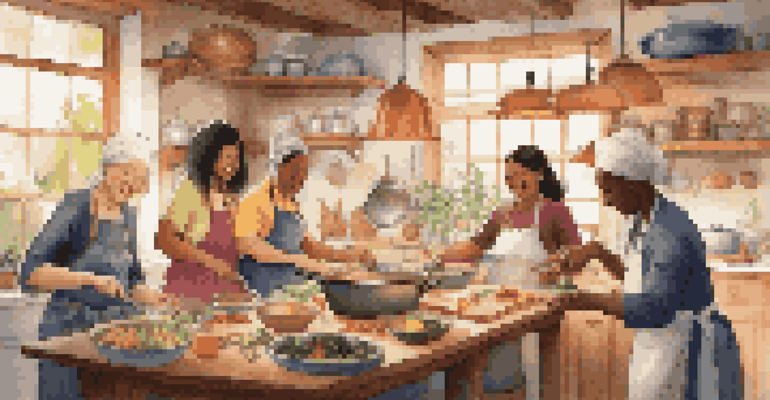 A group of travelers in a cozy kitchen cooking together, with colorful ingredients and warm light.