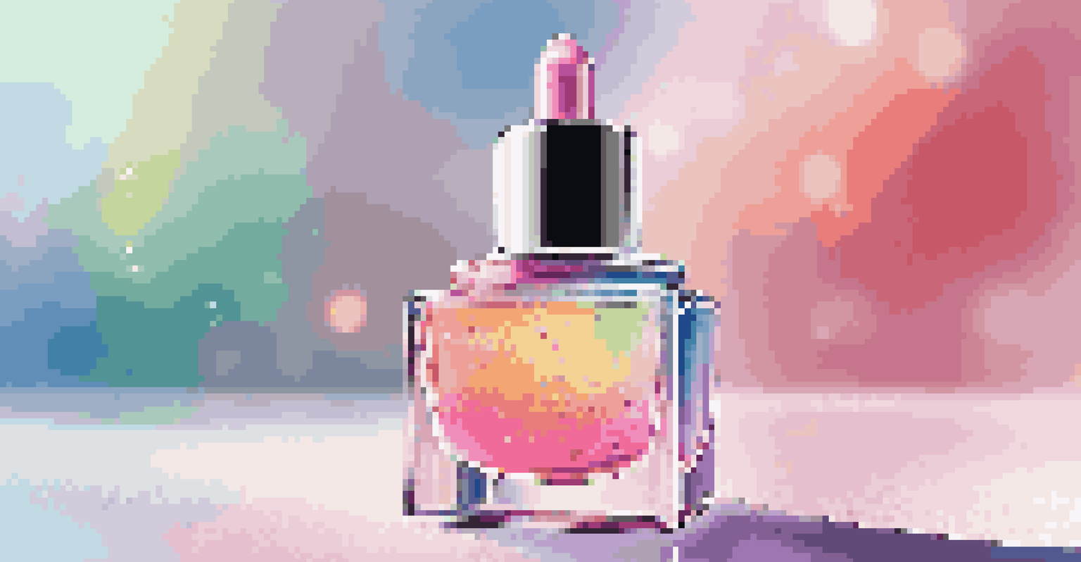A close-up of a luxurious clean beauty serum in a glass dropper bottle with a colorful background.