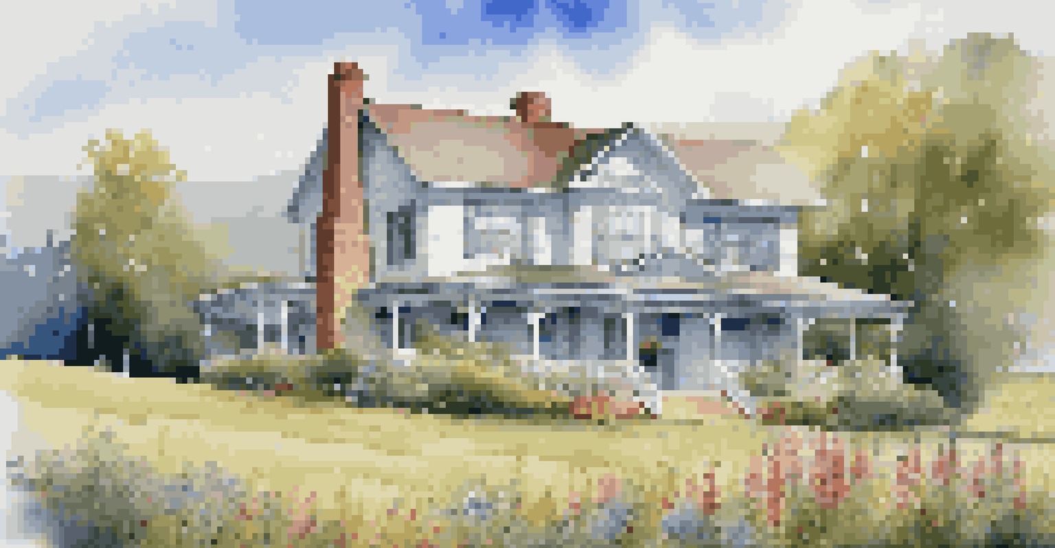 A picturesque rural luxury home among rolling hills with a rustic facade and blooming wildflowers.