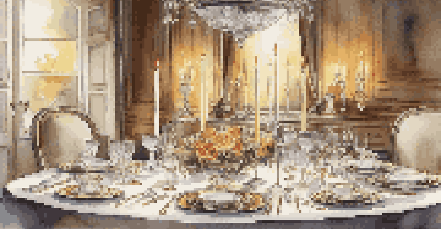 A luxurious dining table set with fine china and candles, featuring a beautifully plated multi-course meal.